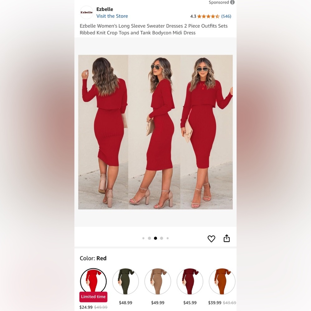 Amazon Red Sheath Dress with Cuffed Long Sleeves and Polo Collar TWO PIECE - Picture 2 of 9